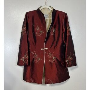 Vintage Asian Kimono Jacket Chinese Red Silk Floral Sequin Embroidered Womens M